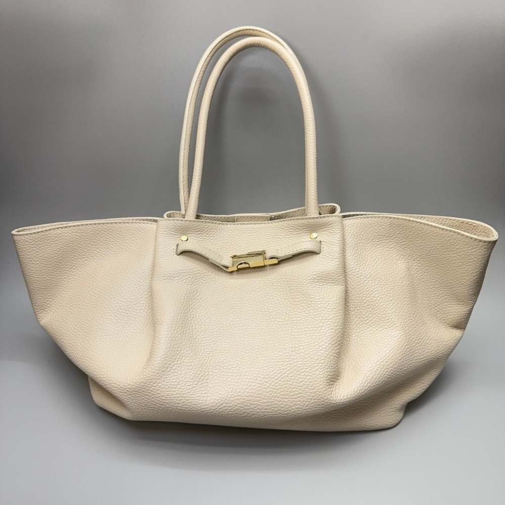 Isadora Italian Made Oversized Cream Pebbled Leather Tote Bag Summer Statement